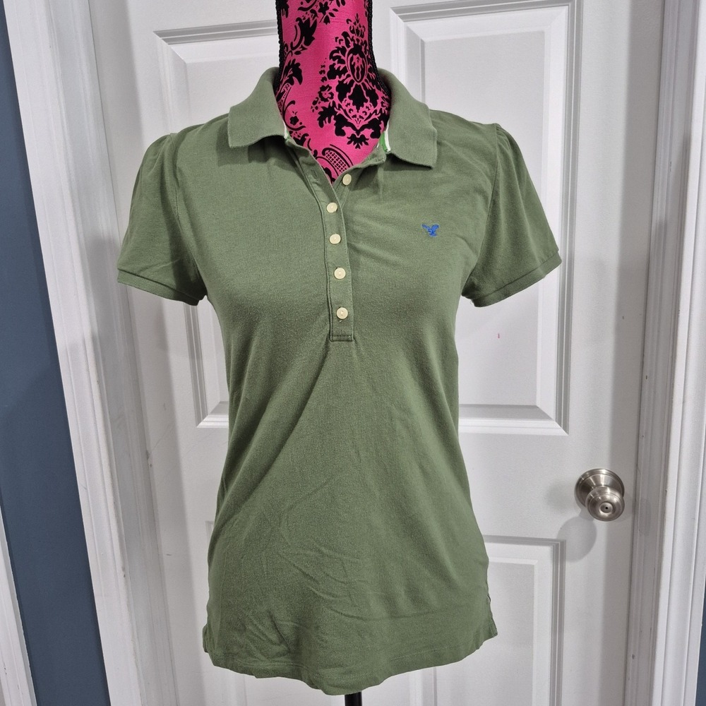 Y2K American Eagle Top‎ Womens XL Green Polo Short Sleeve Preppy Fitted Vintage